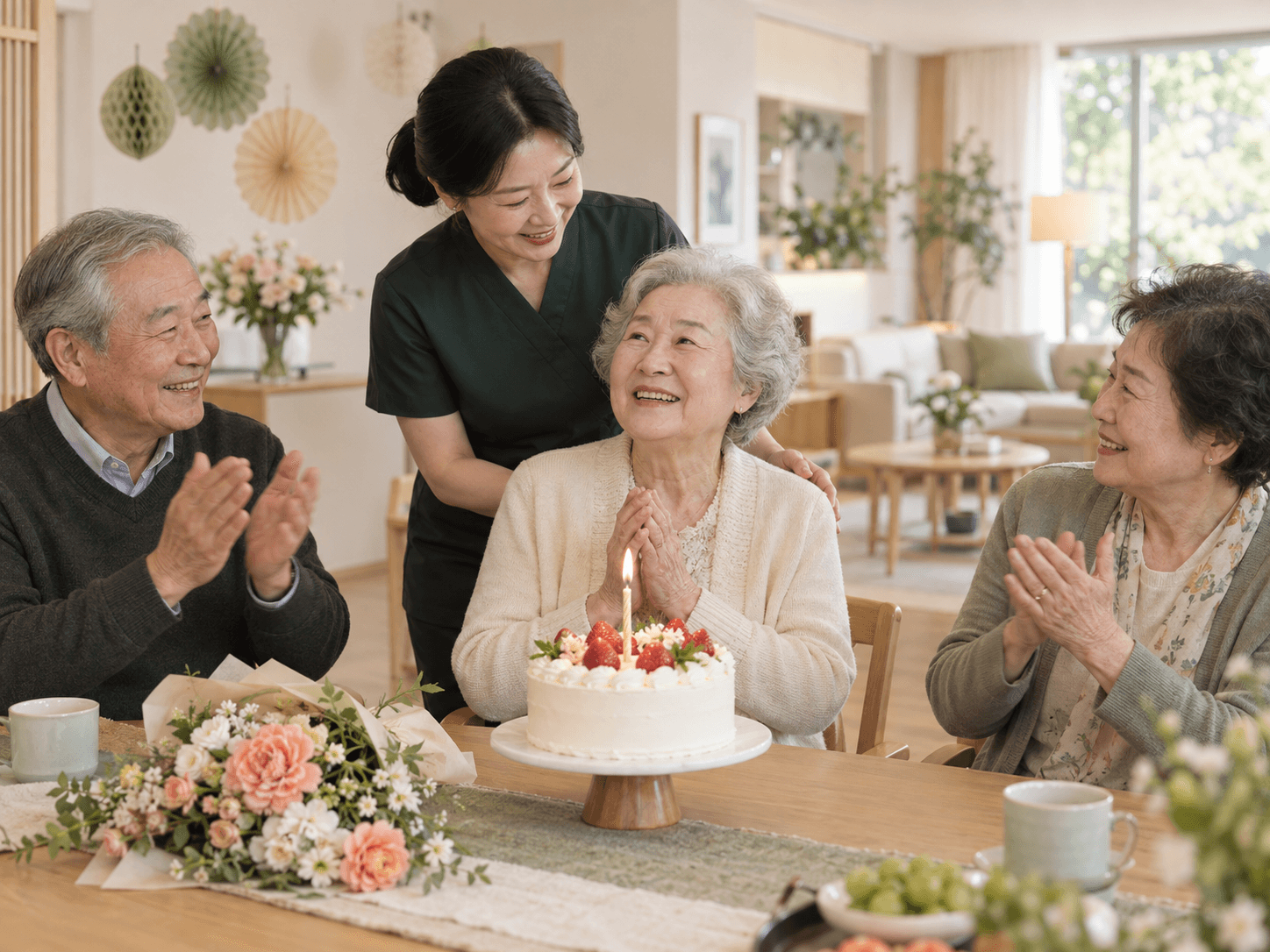 케이크와 꽃을 앞에 두고 함께 생신을 축하하는 어르신들