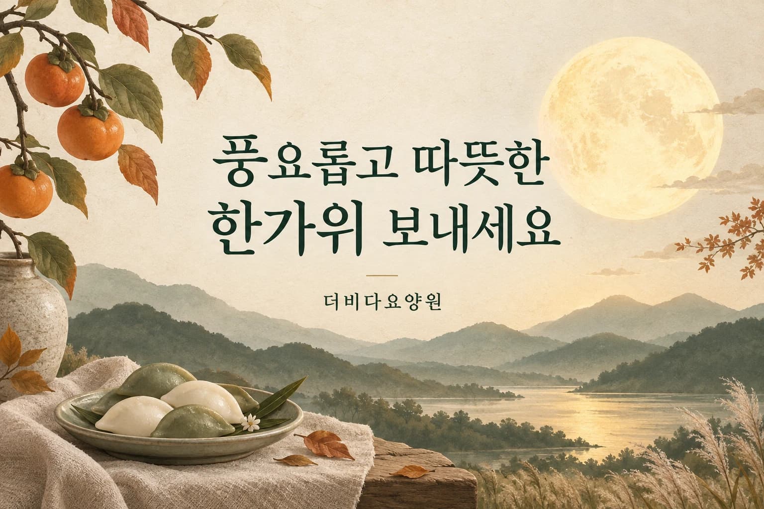 보름달과 가을 풍경, 송편을 담은 더비다요양원 추석 인사: 풍요롭고 따뜻한 한가위 보내세요